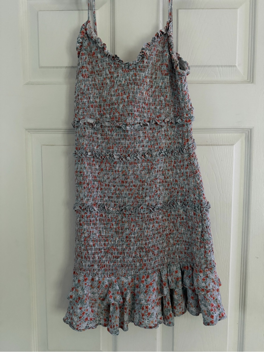 Juniors Light Blue and Orange & White  Floral Smocked Dress Ruffle Hem